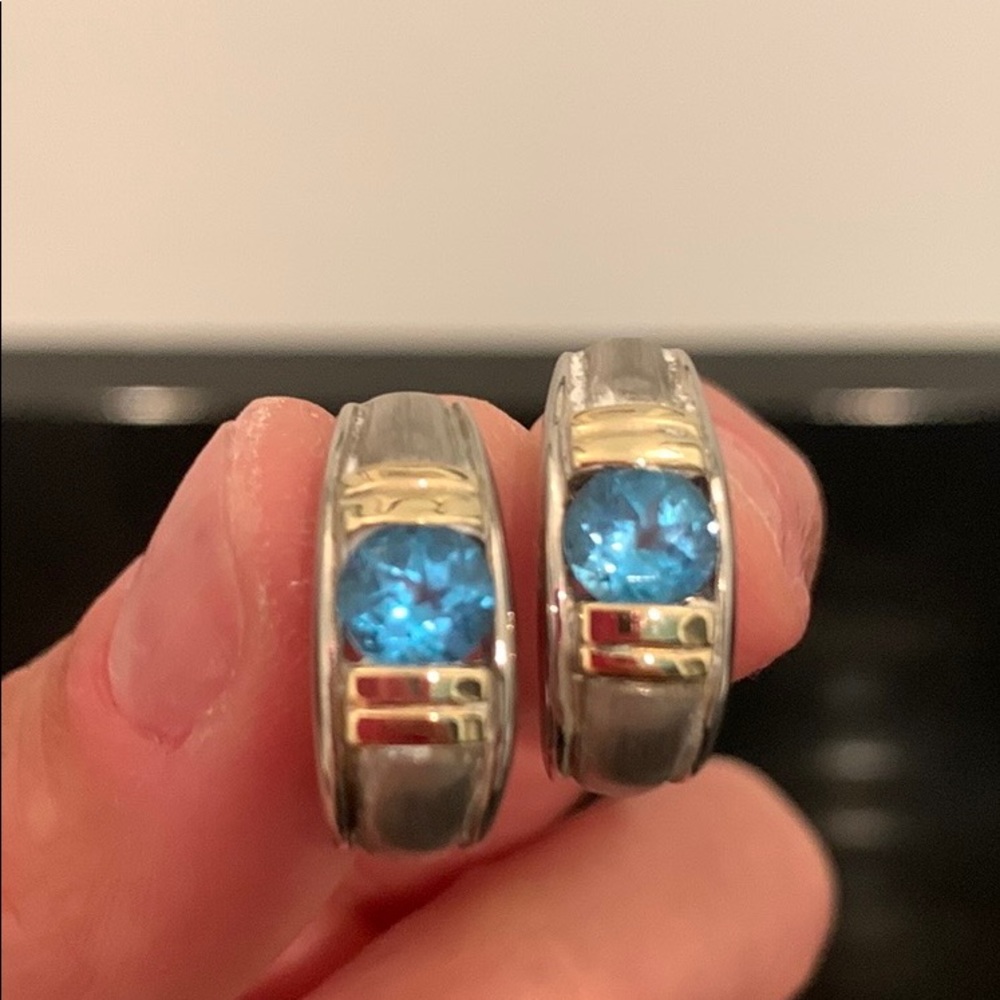 Silver, gold, blue topaz hoop earrings
